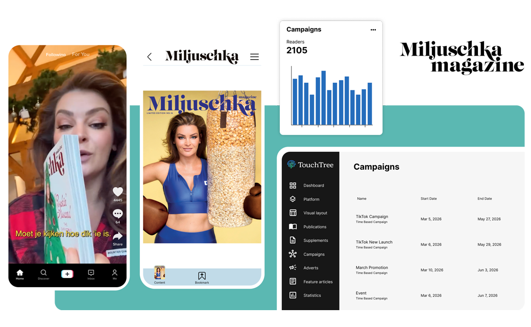 Miljuschka magazine on TouchTree: a TikTok video, the digital edition on a phone, campaign readers and the TouchTree campaign manager