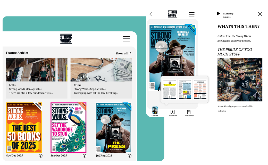 Strong Words on TouchTree: feature articles, back issues, page thumbnails and a listen-to-article view