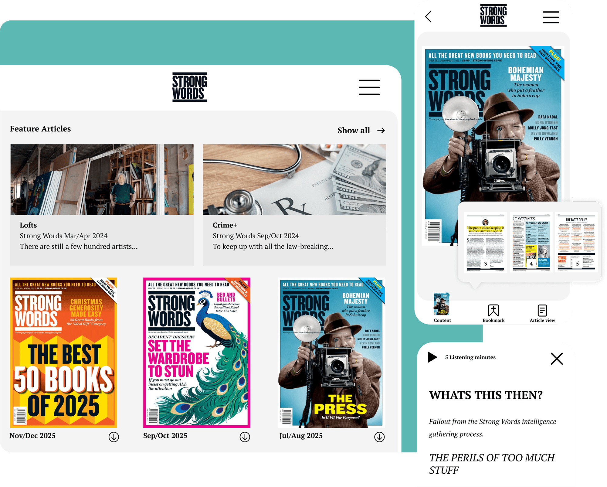 Strong Words on TouchTree: feature articles, back issues and a listen-to-article player on tablet and phone